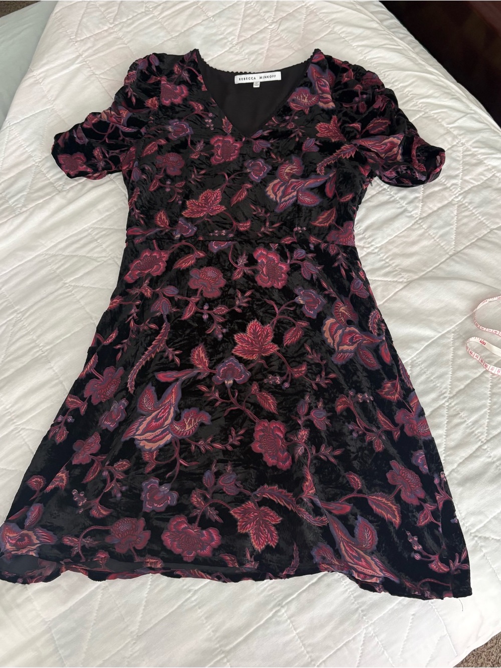 Rebecca Minkoff Black Velvet Mini Dress with Burgundy & Purple Floral